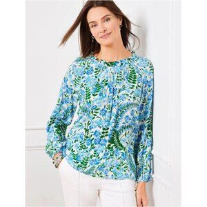 Talbots Blue Climbing Floral Popover Smocked Blouse - L